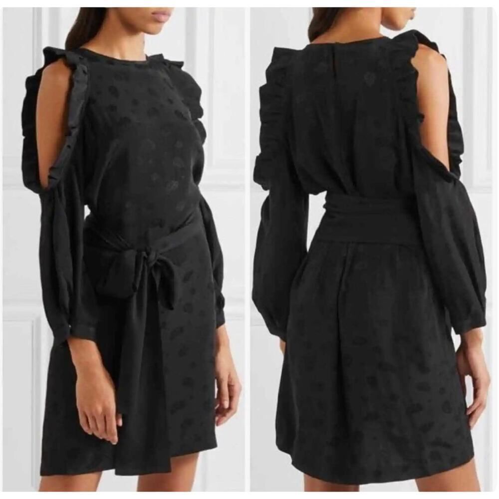 Maje Satin Black Cold-Shoulder Ruffled Paisley-Jacquard Dress Women's Size 2